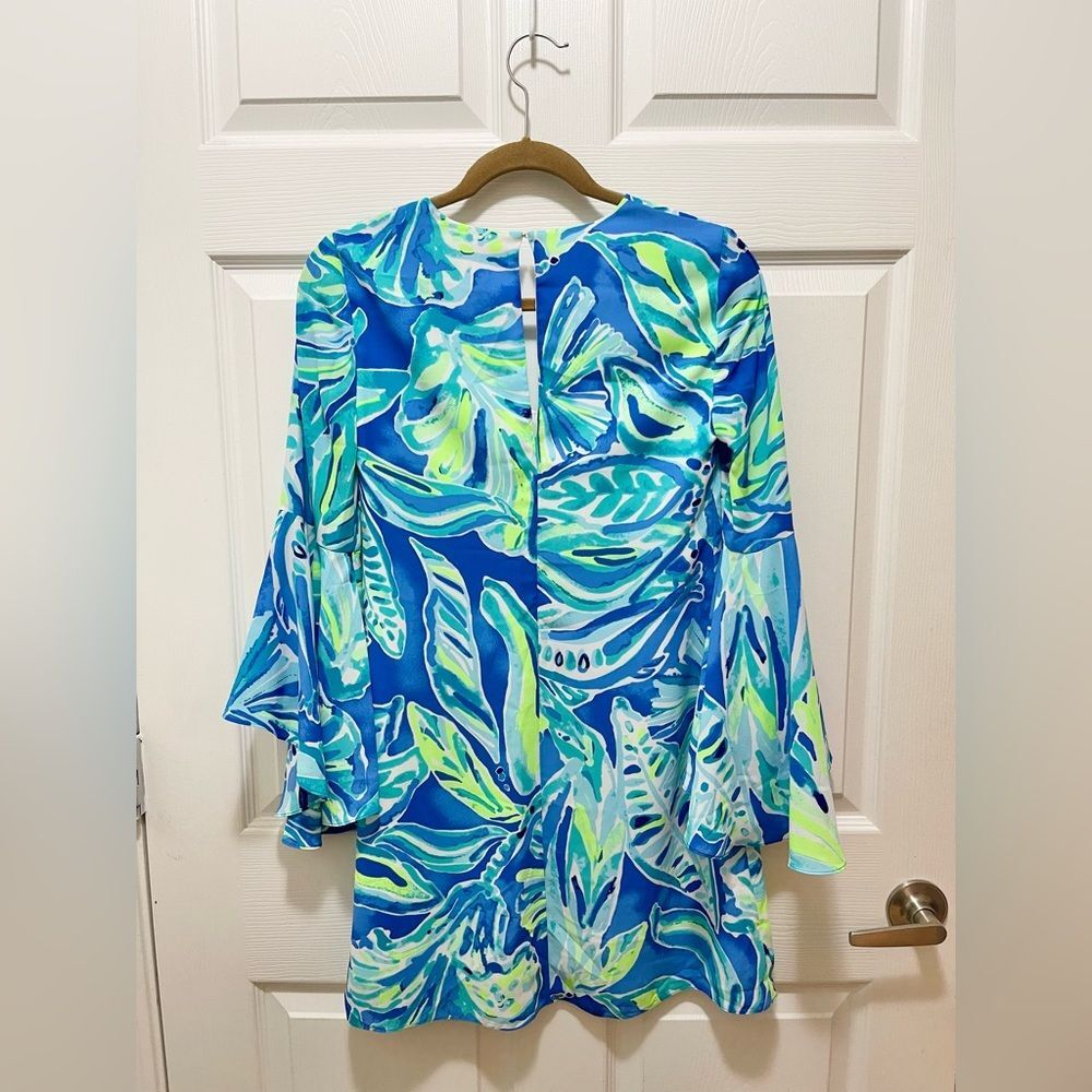 Lilly Pulitzer Dress Rosalia Beckon Blue Palm Passage Crepe Flounce Sleeves 00 - Picture 8 of 11